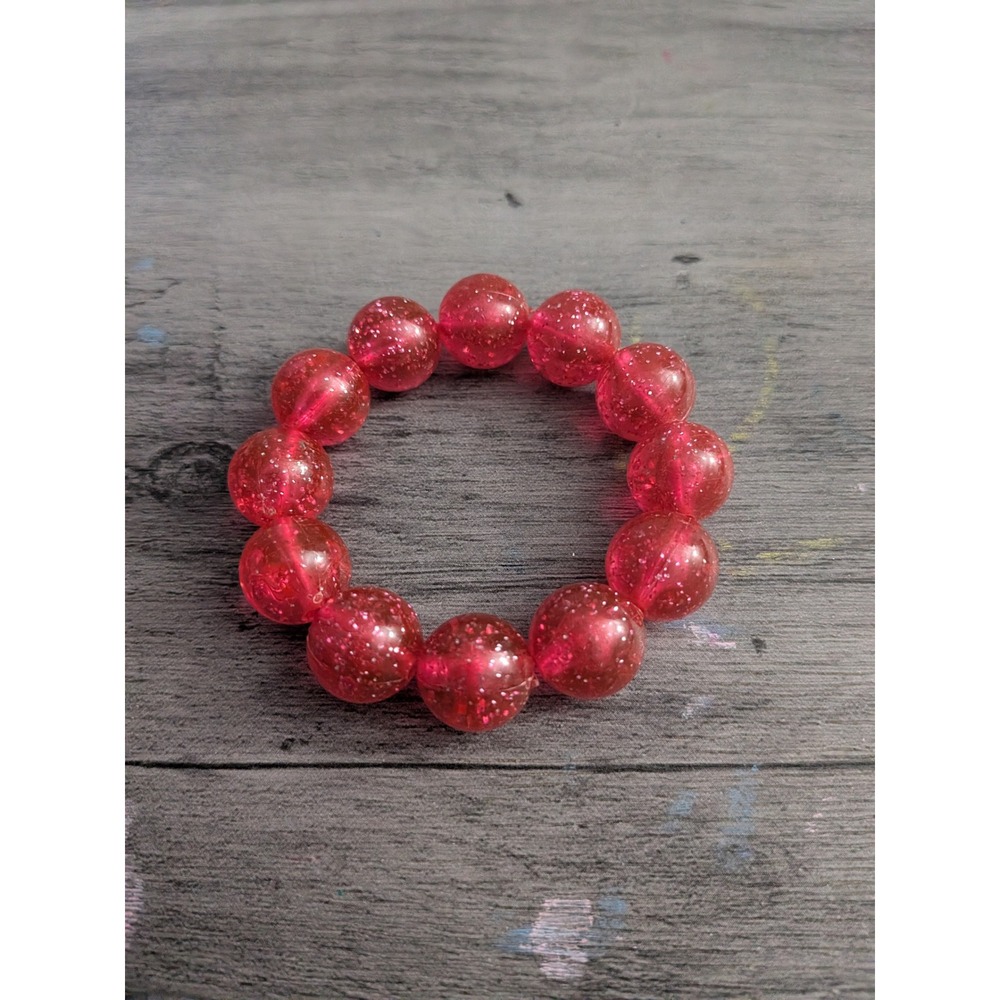 Pink Glitter Stretch Bead Bracelet Translucent Resin Round Sparkle Elastic